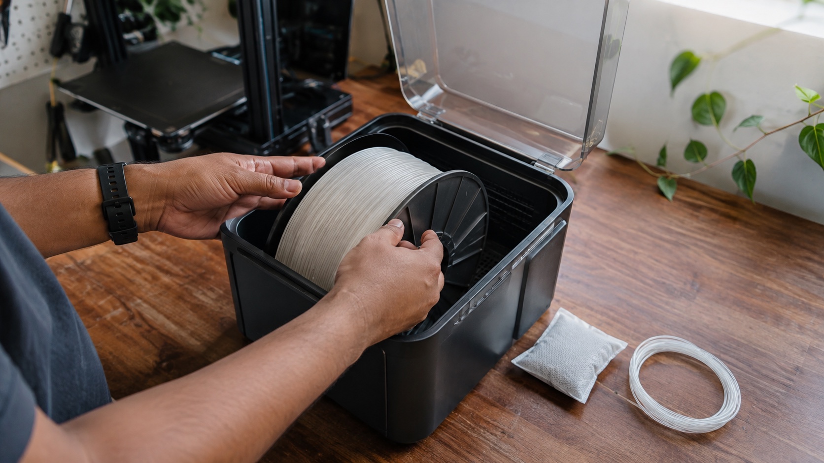 Hands placing a natural-white nylon spool into a compact filament dryer on a workshop bench
