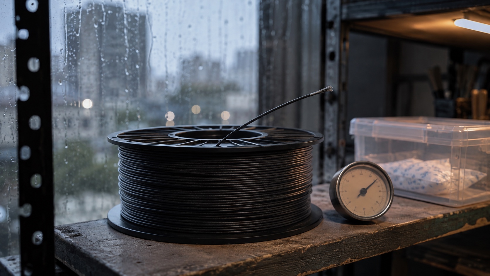 An open charcoal PA-CF spool on a workshop shelf beside a rain-streaked window and a sealed storage box