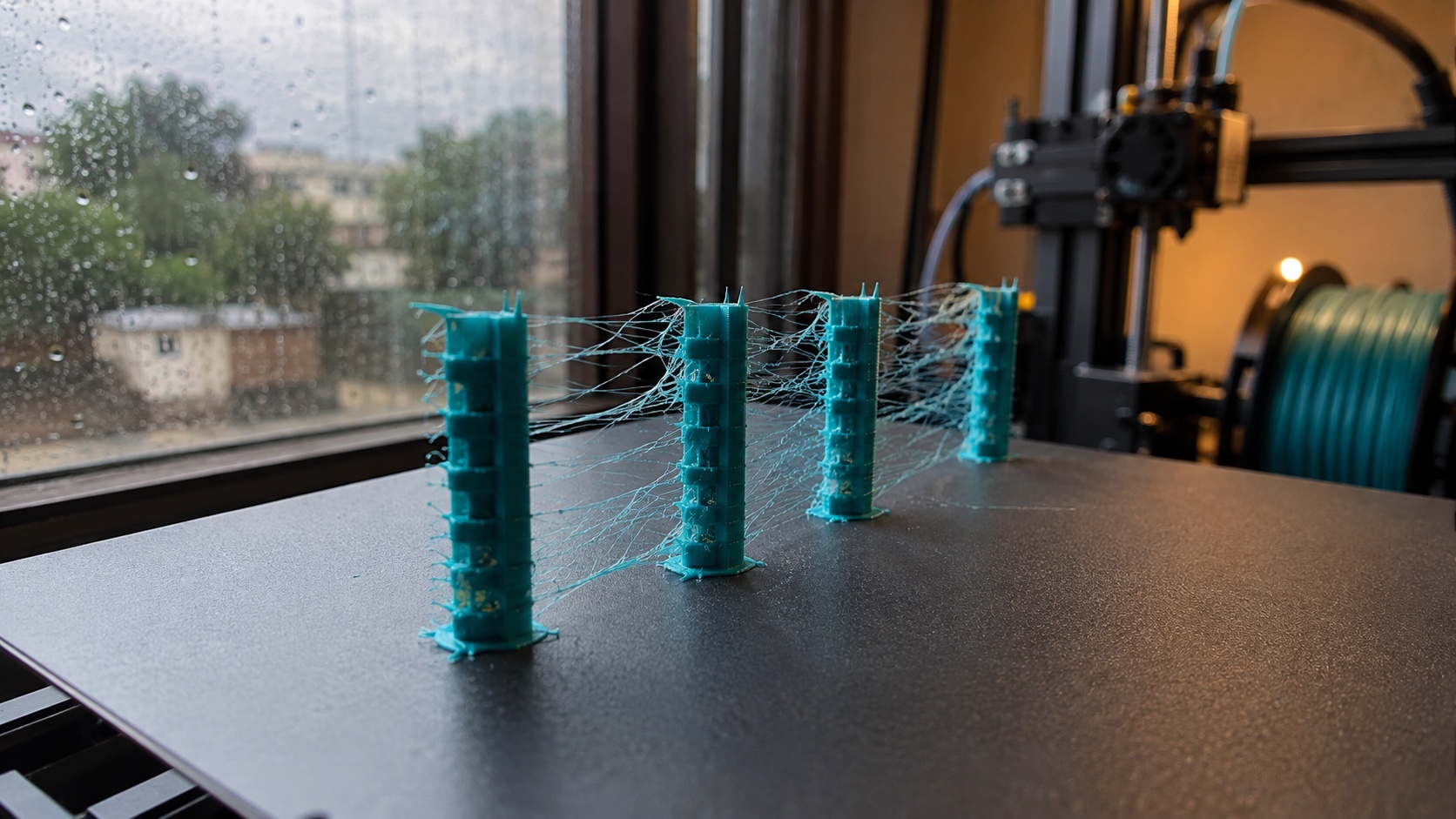 Fine strands of stringing between teal PETG test towers on a printer bed beside a rainy window