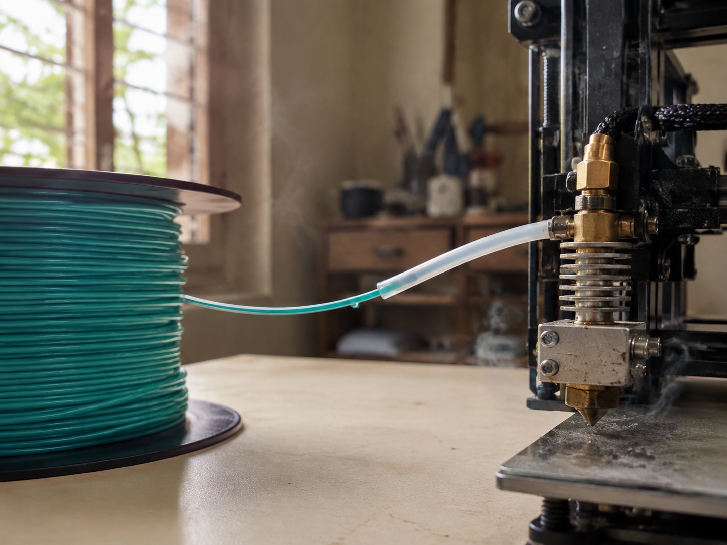 Teal filament travelling from an open spool through a PTFE guide to a printer hot end in a humid workshop